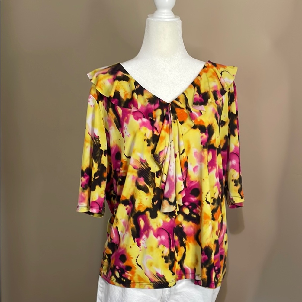 Bleeker & McDougale L Yellow and Black Ruffled Tie Front Blouse
